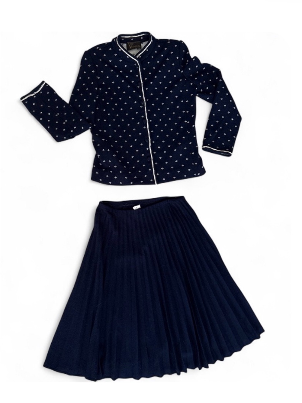 Vintage Venice Navy Two-Piece Pleated Skirt Set with White Trim